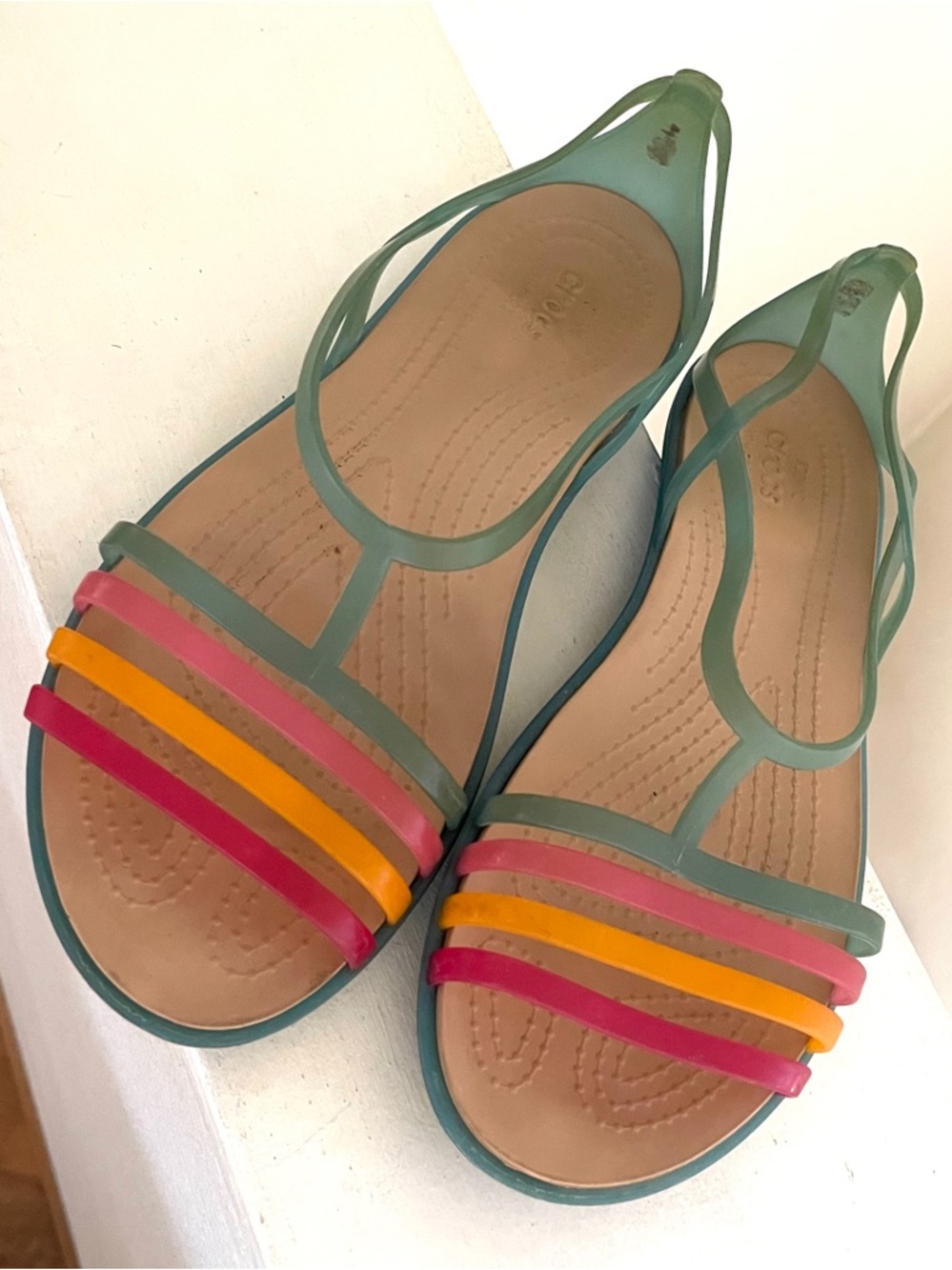 Vintage Women’s Green Strappy Iconic CROCS Sandals with Orange & Yellow Accents - Picture 3 of 9
